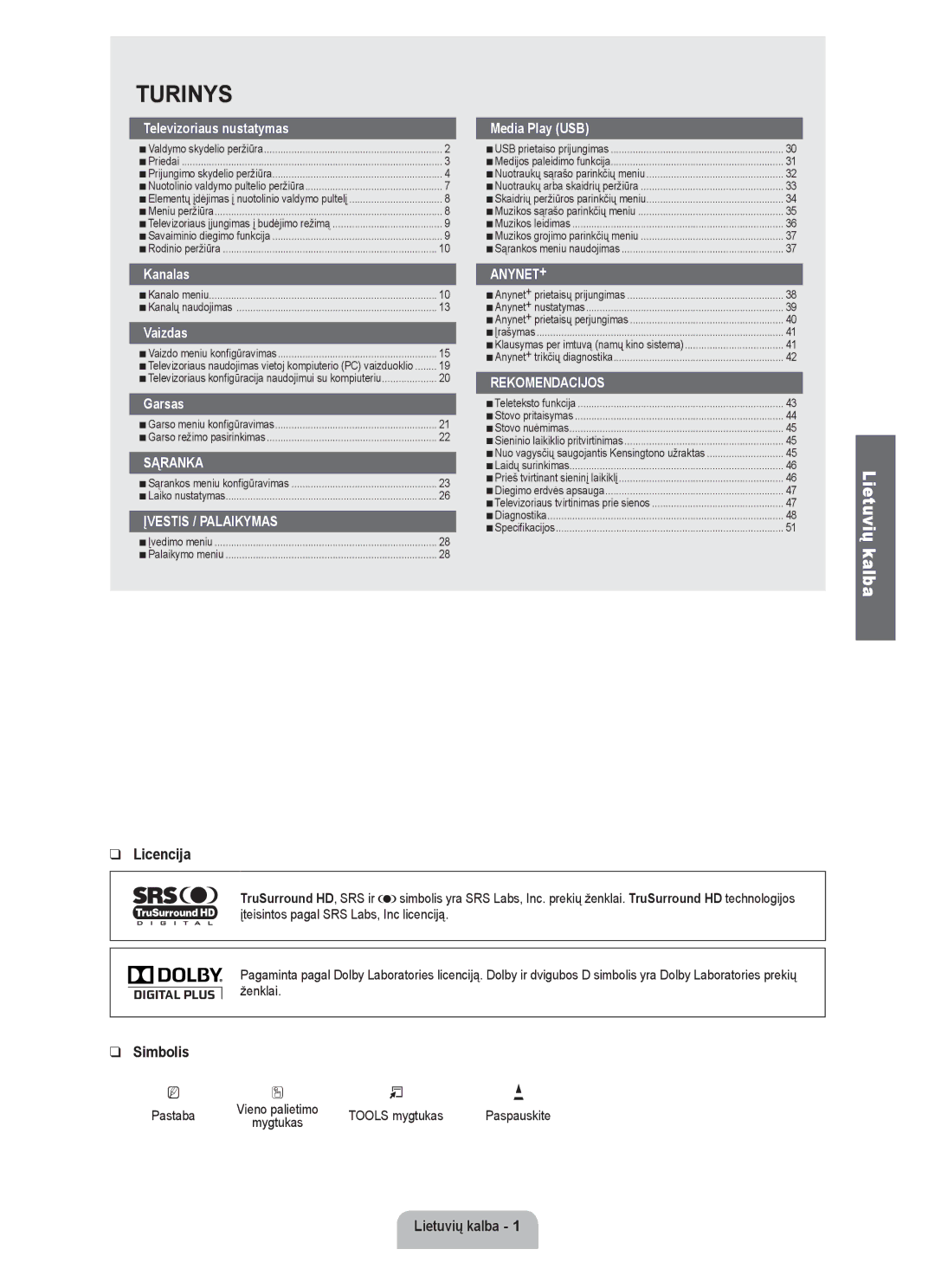 Samsung UE40B6000VWXXH, UE40B6000VWXXN, UE40B6000VWXZG, UE32B6000VWXZG, UE46B6000VWXZG Licencija, Simbolis, Lietuvių kalba 