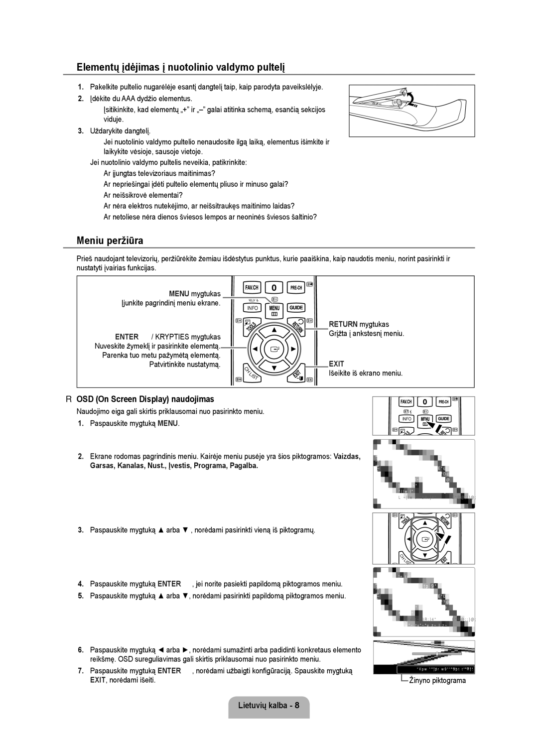 Samsung UE40B6000VWXXN Elementų įdėjimas į nuotolinio valdymo pultelį, Meniu peržiūra, OSD On Screen Display naudojimas 