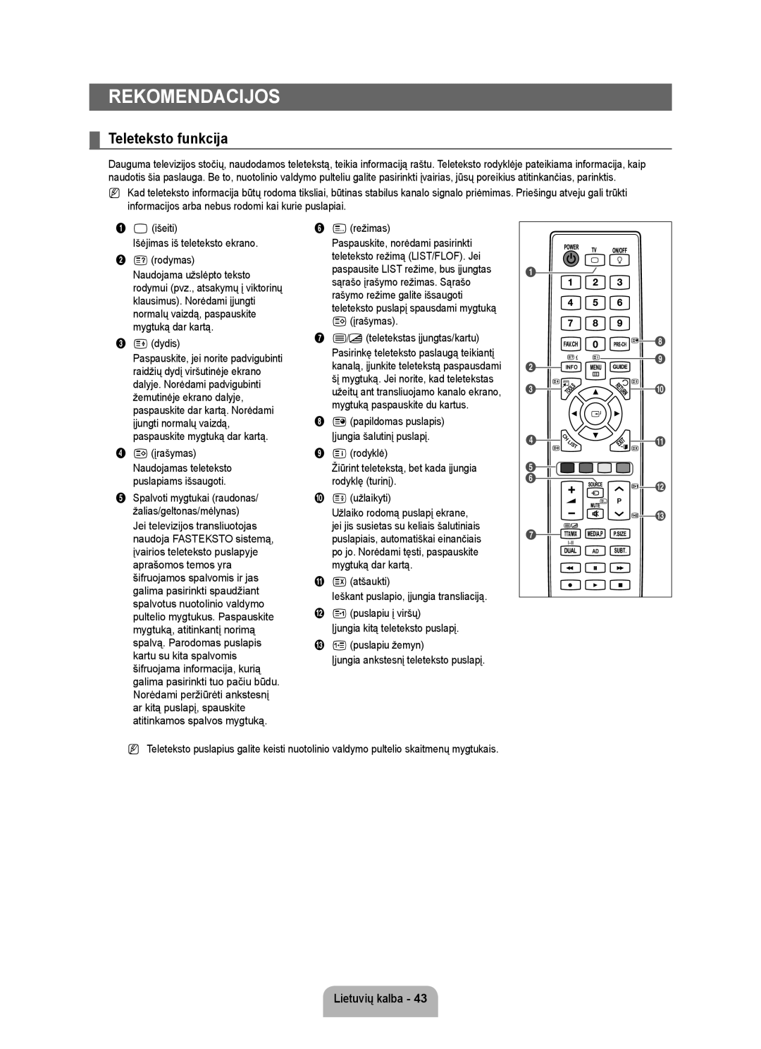 Samsung UE46B6000VWXZG, UE40B6000VWXXN, UE40B6000VWXZG, UE32B6000VWXZG, UE32B6000VWXXC Rekomendacijos, Teleteksto funkcija 