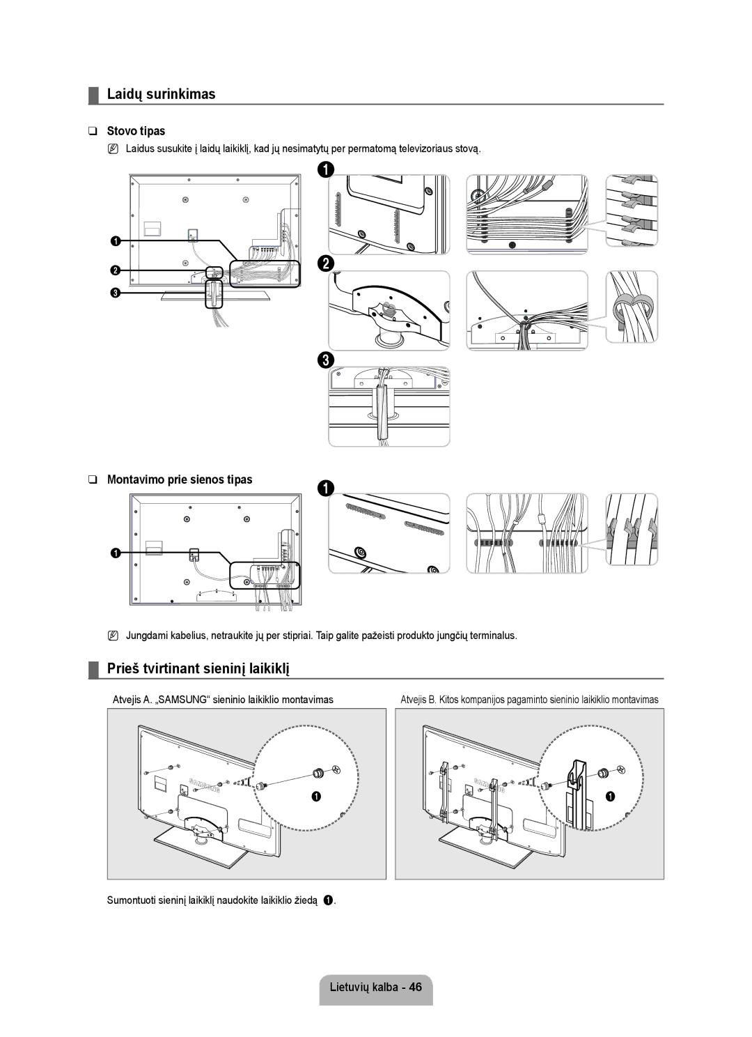 Samsung UE37B6000VWXXC manual Laidų surinkimas, Prieš tvirtinant sieninį laikiklį, Stovo tipas, Montavimo prie sienos tipas 