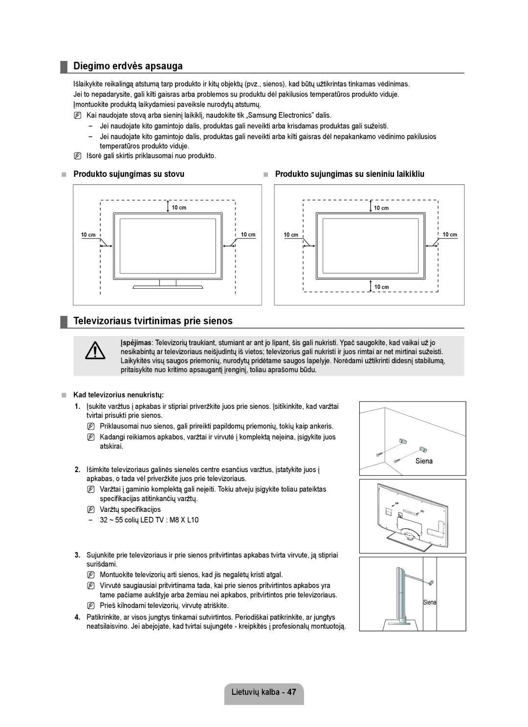 Samsung UE40B6000VWXXC, UE40B6000VWXXN Diegimo erdvės apsauga, Televizoriaus tvirtinimas prie sienos, Lietuvių kalba 4 