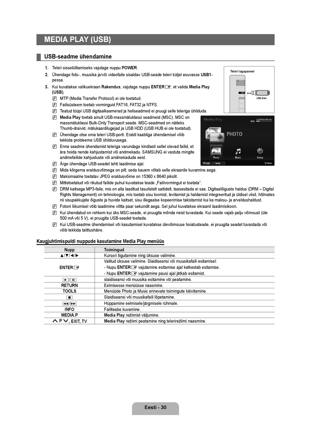 Samsung UE37B6000VWXXH manual USB-seadme ühendamine, Kaugjuhtimispuldi nuppude kasutamine Media Play menüüs, Toimingud 