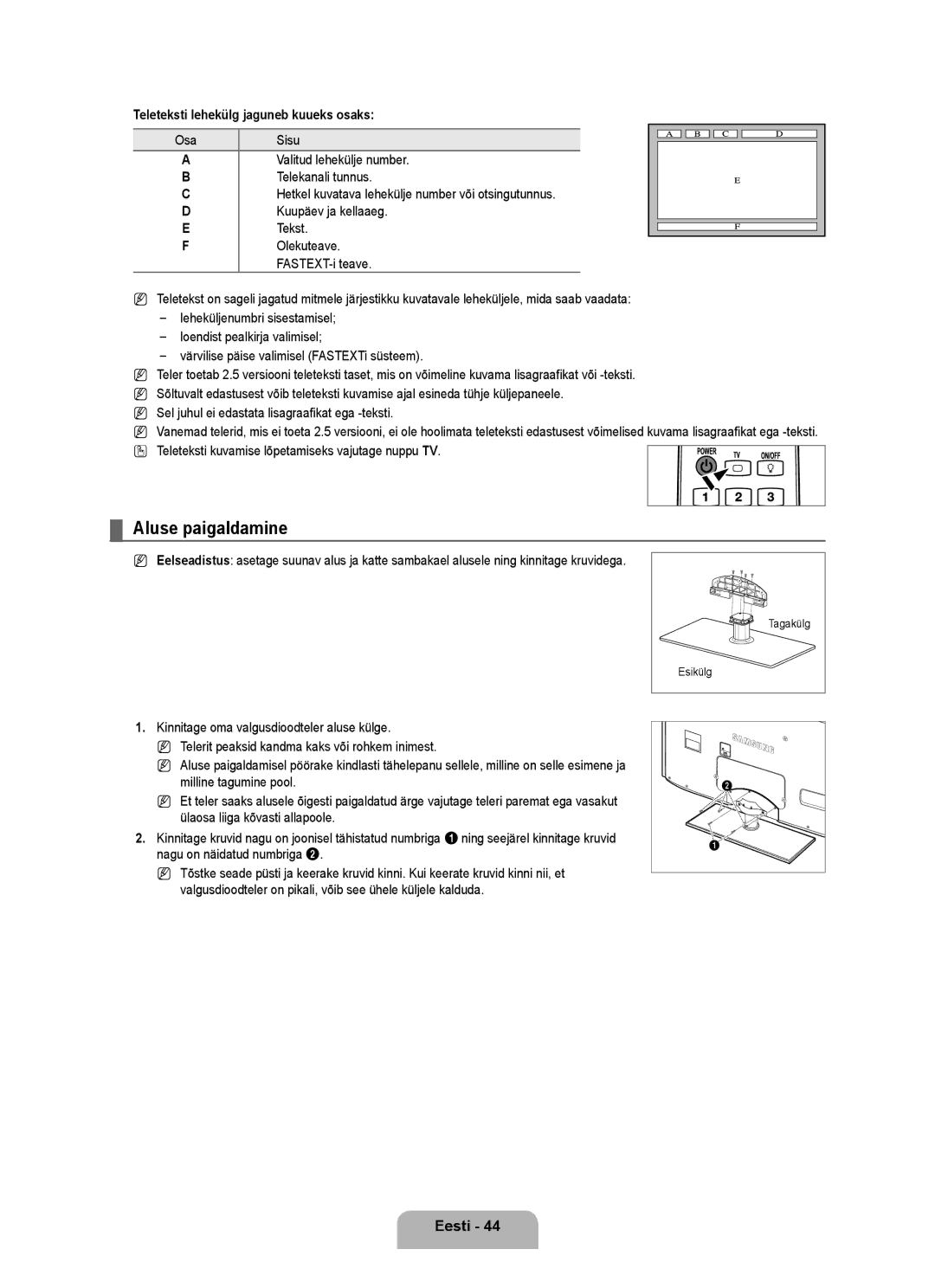 Samsung UE46B6000VWXXH manual Aluse paigaldamine, Teleteksti lehekülg jaguneb kuueks osaks, Osa, Valitud lehekülje number 