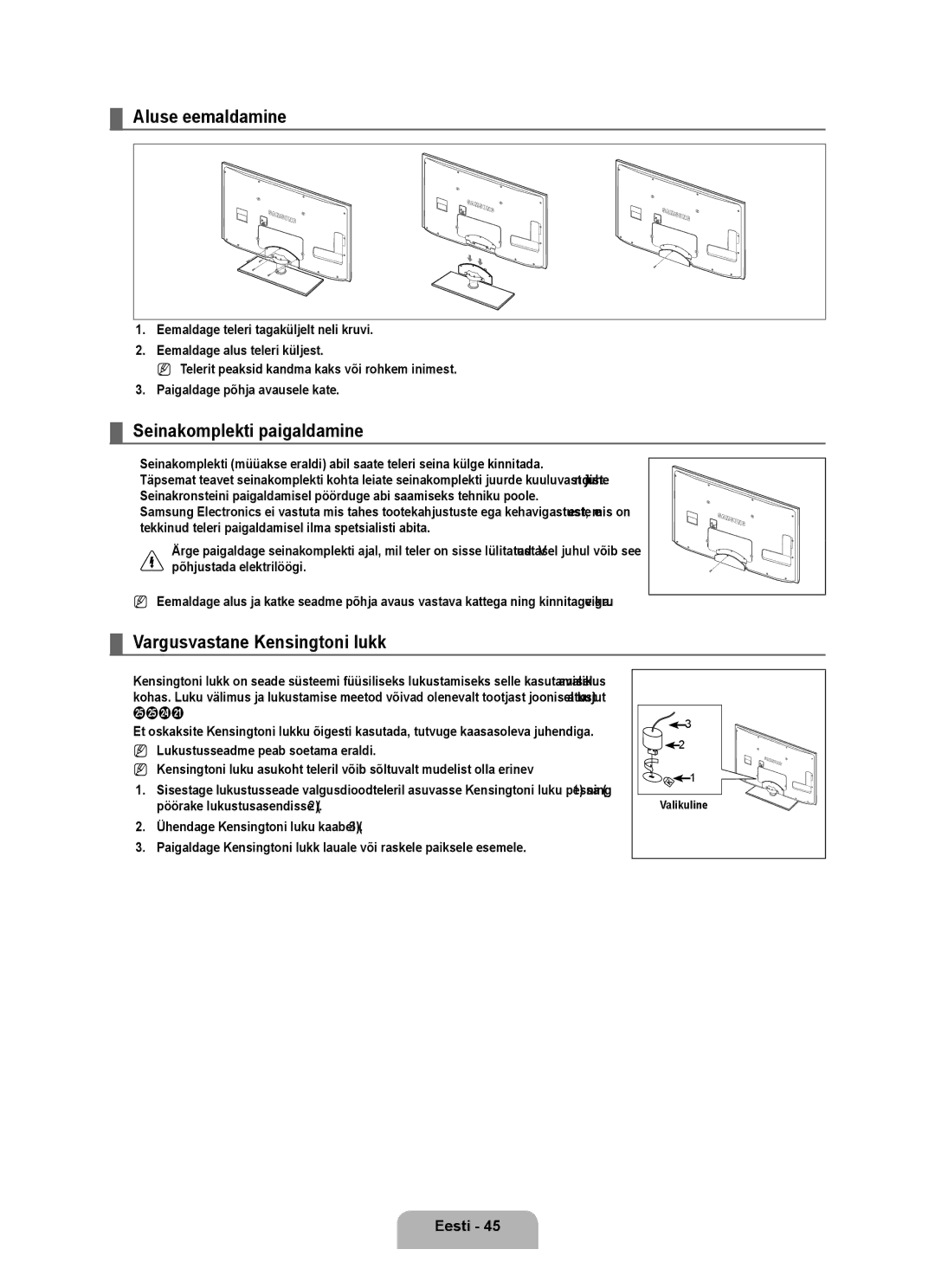 Samsung UE40B6000VWXXH, UE40B6000VWXXN manual Aluse eemaldamine, Seinakomplekti paigaldamine, Vargusvastane Kensingtoni lukk 