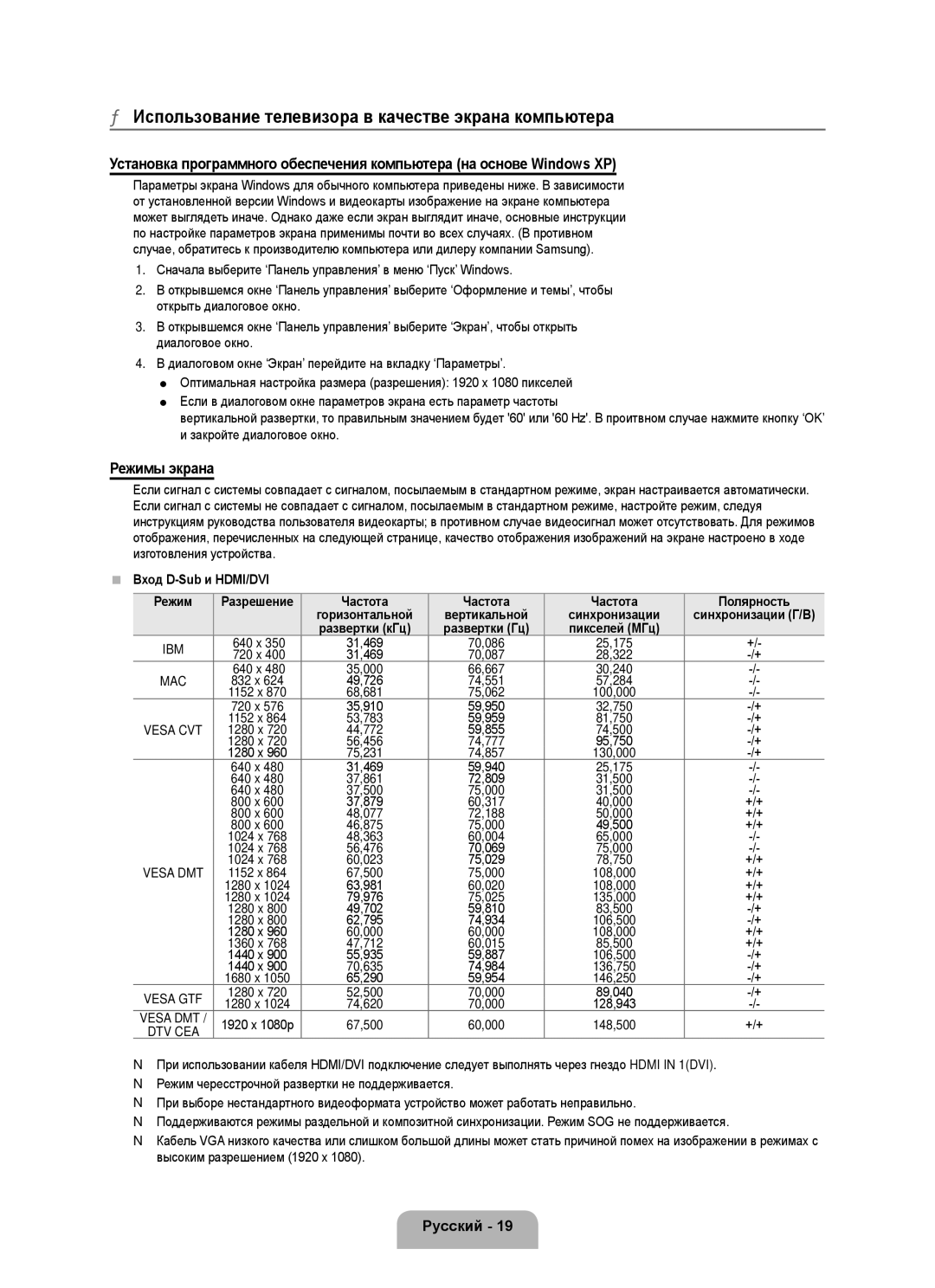 Samsung UE46B6000VWXZG manual Использование телевизора в качестве экрана компьютера, Режимы экрана, Вход D-Sub и HDMI/DVI 