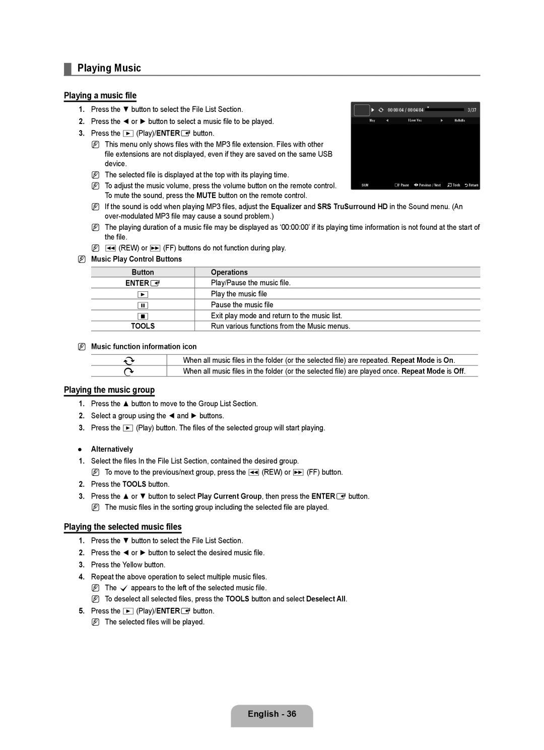 Samsung UE37B6000VWXXC Playing Music, Playing a music file, Playing the music group, Playing the selected music files 