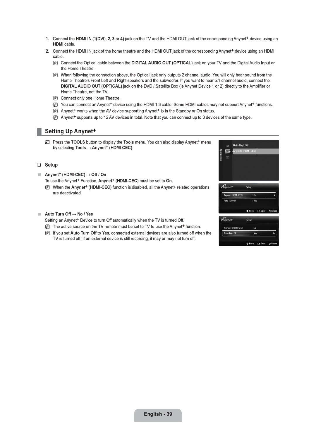 Samsung UE40B6000VWXXH, UE40B6000VWXXN Setting Up Anynet+, Setup, Anynet+ HDMI-CEC → Off / On, Auto Turn Off → No / Yes 