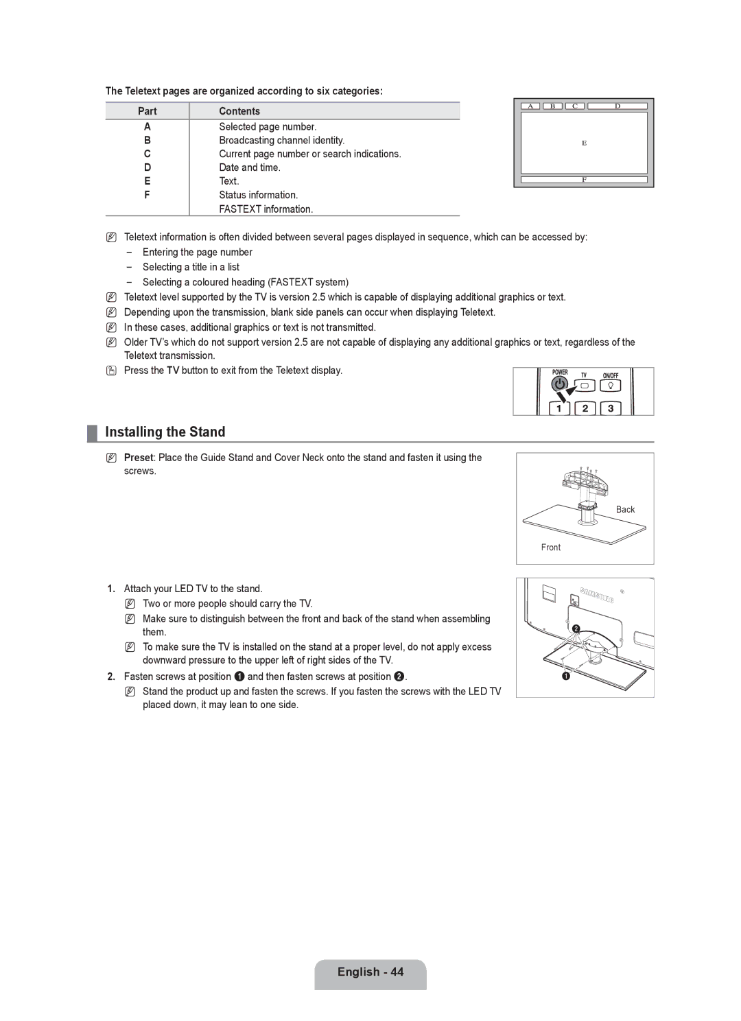 Samsung UE32B6000VWXBT Installing the Stand, Selected page number, Current page number or search indications Date and time 