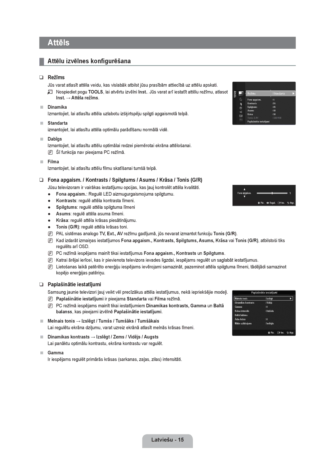 Samsung UE46B6000VWXZG, UE40B6000VWXXN manual Attēls, Attēlu izvēlnes konfigurēšana, Režīms, Paplašinātie iestatījumi 