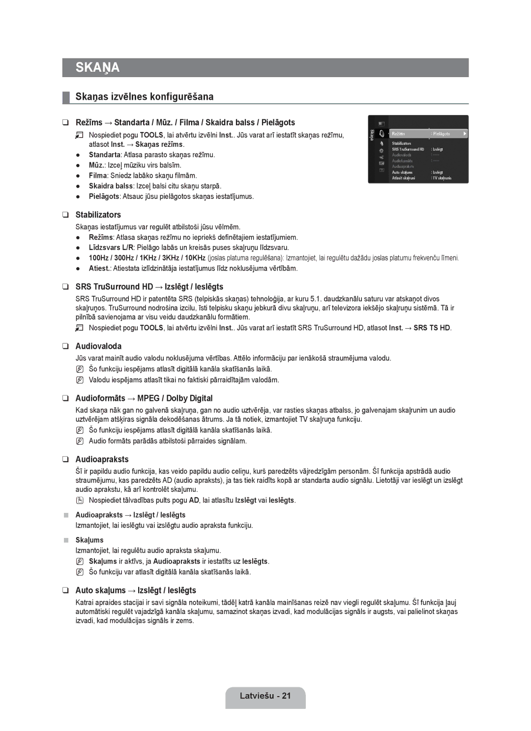 Samsung UE40B6000VWXXH, UE40B6000VWXXN, UE40B6000VWXZG, UE32B6000VWXZG, UE46B6000VWXZG manual Skaņas izvēlnes konfigurēšana 