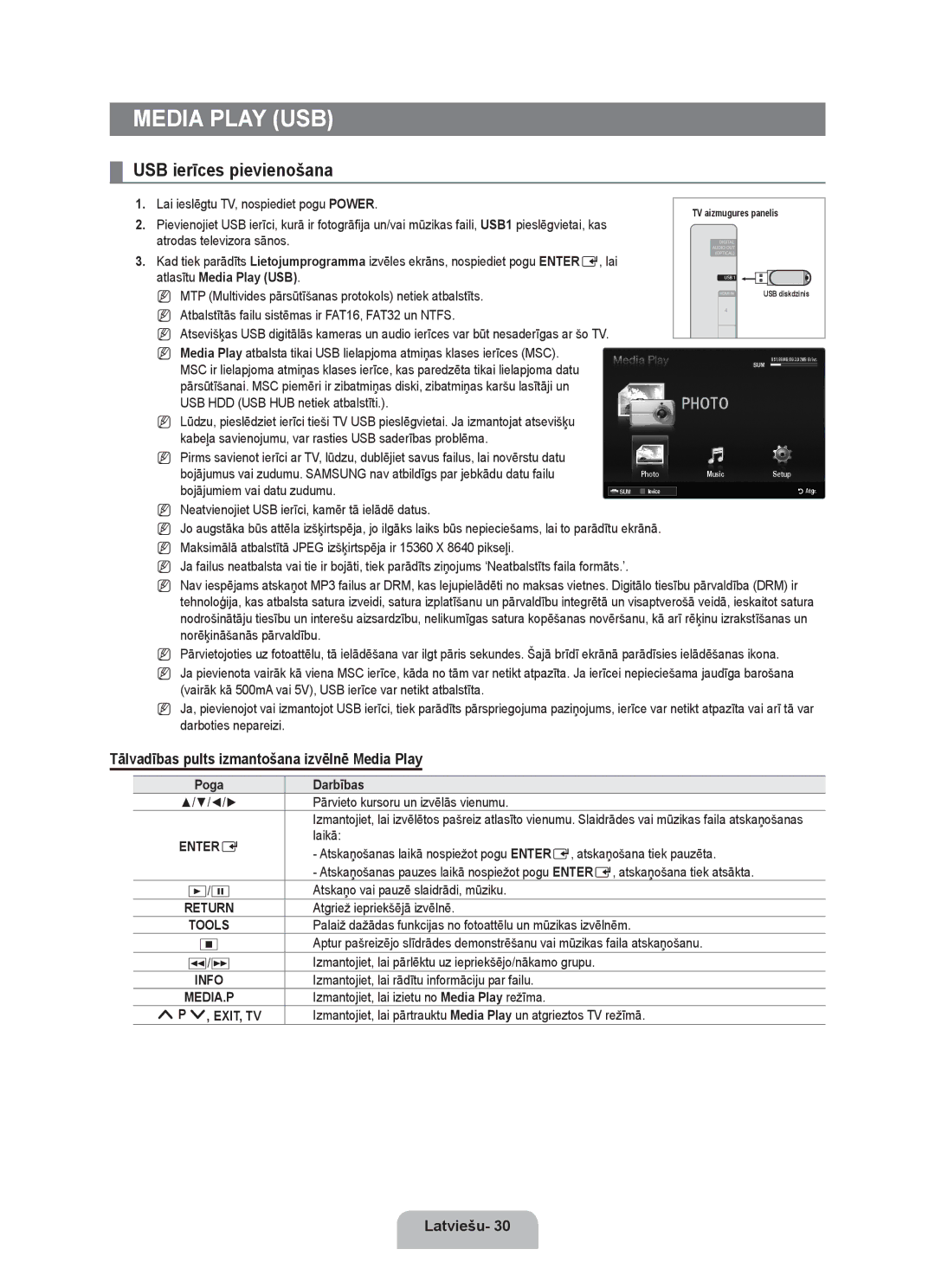 Samsung UE32B6000VWXZG USB ierīces pievienošana, Tālvadības pults izmantošana izvēlnē Media Play, Atlasītu Media Play USB 