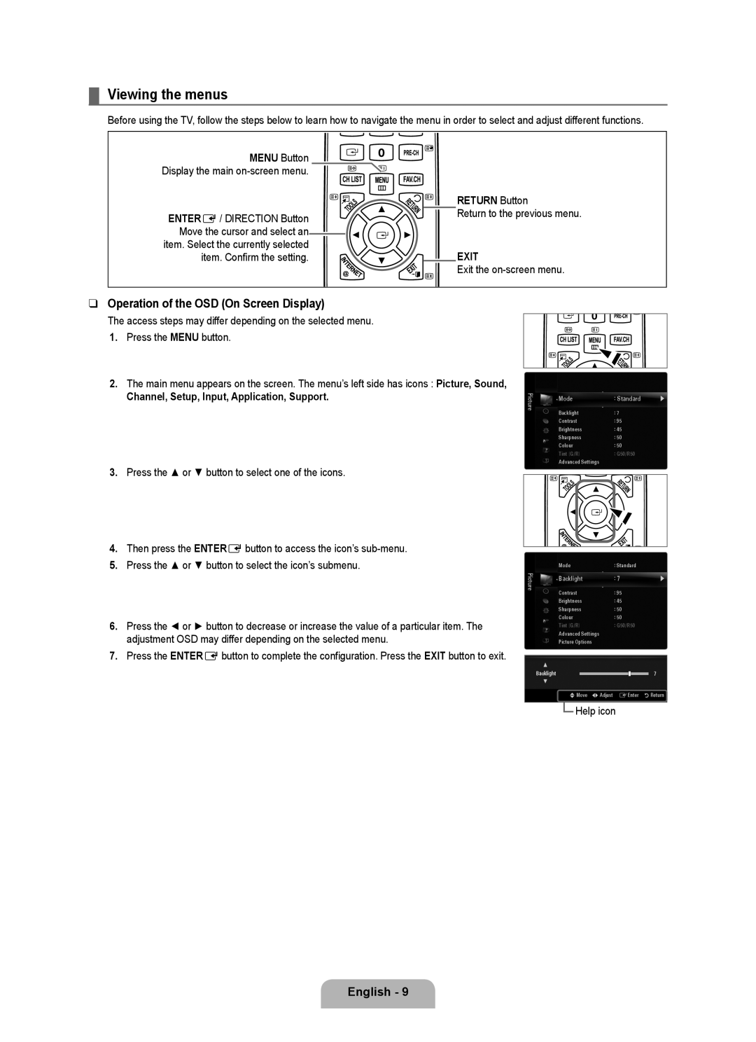 Samsung UE46B6000VWXXC, UE40B6000VWXXN manual Viewing the menus, Operation of the OSD On Screen Display, Return Button 