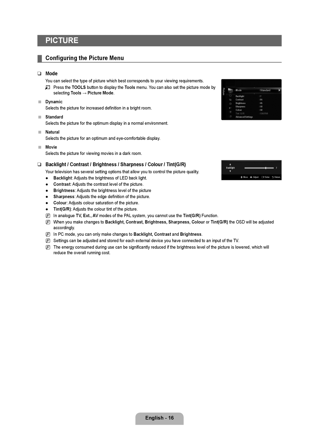 Samsung UE46B6000VWXZG, UE40B6000VWXXN, UE40B6000VWXZG, UE46B6000VWXXC, UE40B6000VWXXC Configuring the Picture Menu, Mode 