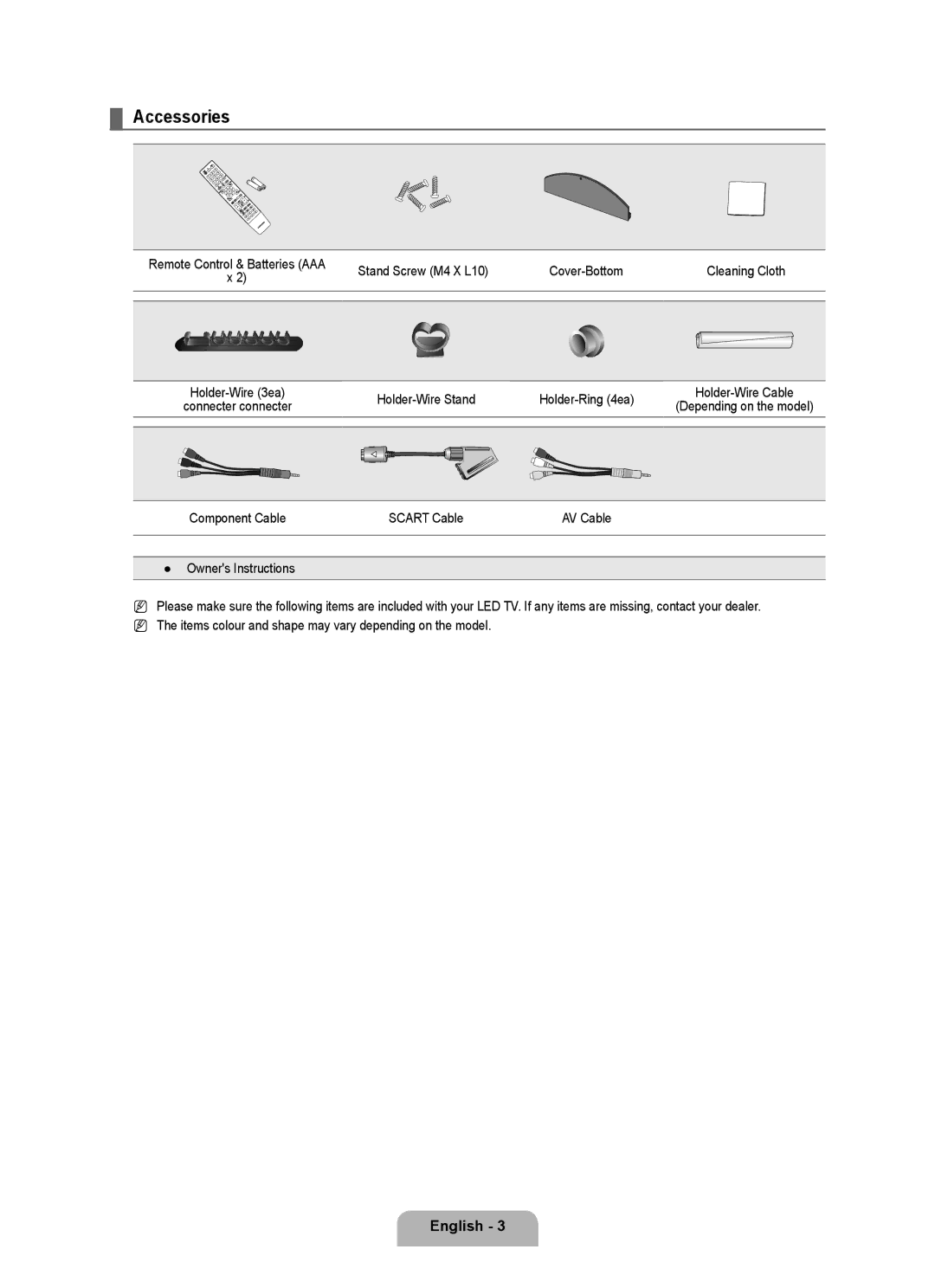 Samsung UE46B6000VWXZG, UE40B6000VWXXN manual Accessories, English , Stand Screw M4 X L10 Cover-Bottom Cleaning Cloth 