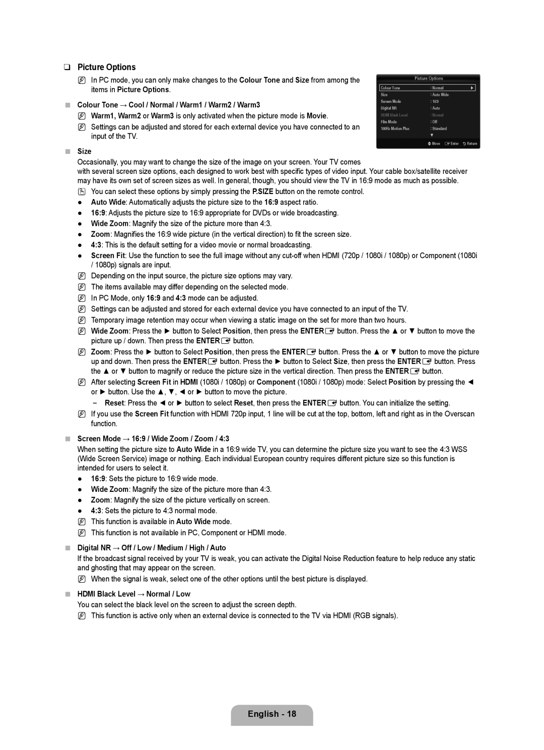 Samsung UE40B6000VWXXC manual Picture Options, Size, Screen Mode → 169 / Wide Zoom / Zoom, Hdmi Black Level → Normal / Low 