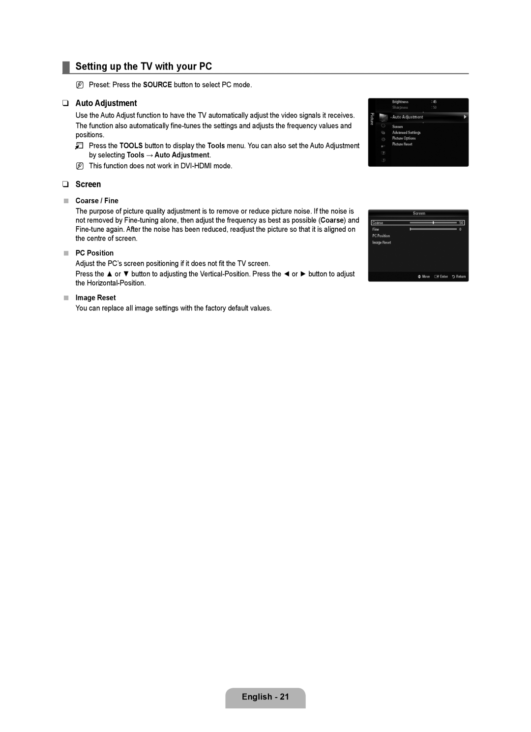 Samsung UE46B6000VWXXU, UE40B6000VWXXN, UE40B6000VWXZG manual Setting up the TV with your PC, Auto Adjustment, Screen 