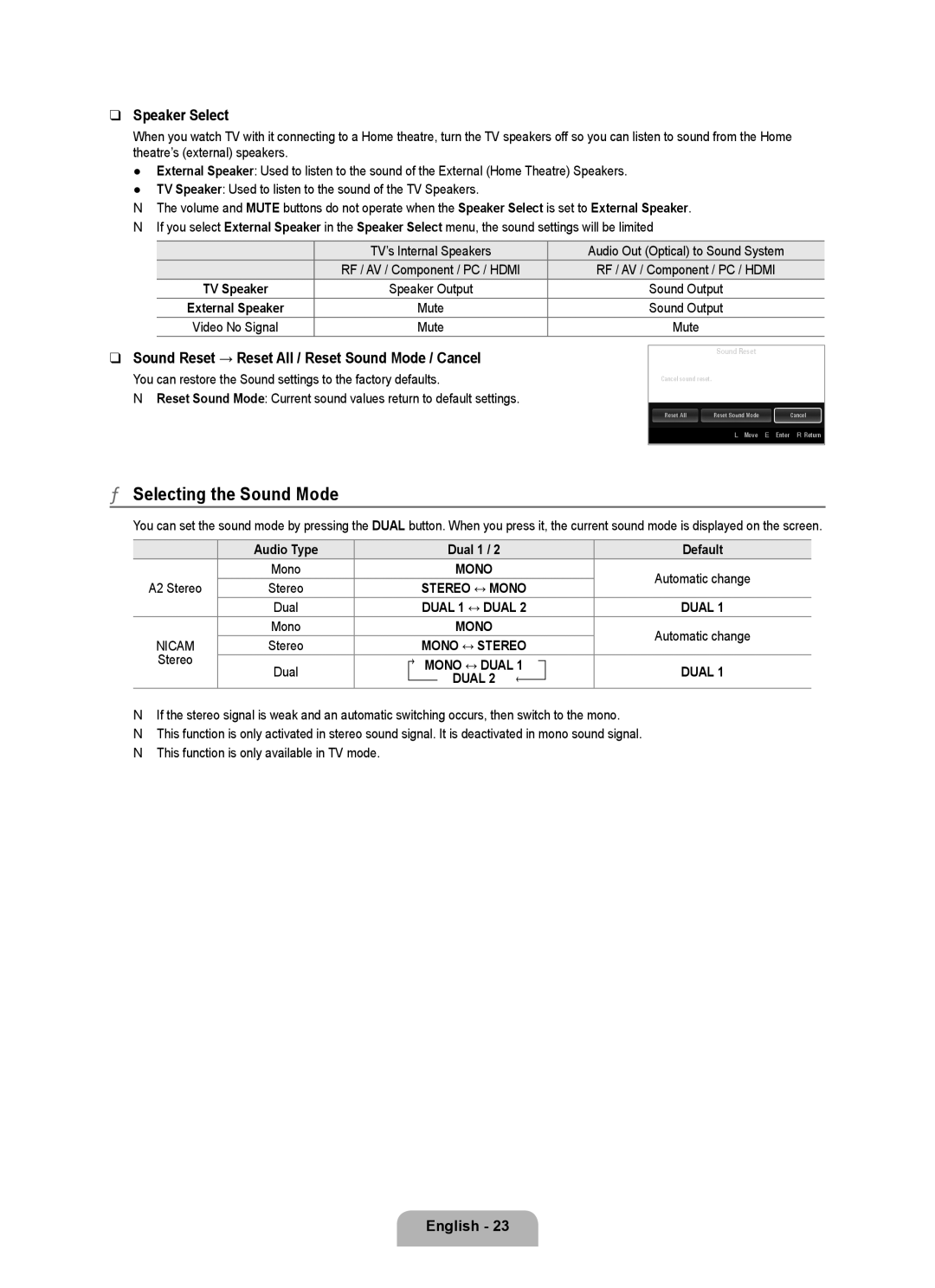 Samsung UE40B6000VWXZG manual Selecting the Sound Mode, Speaker Select, Sound Reset → Reset All / Reset Sound Mode / Cancel 