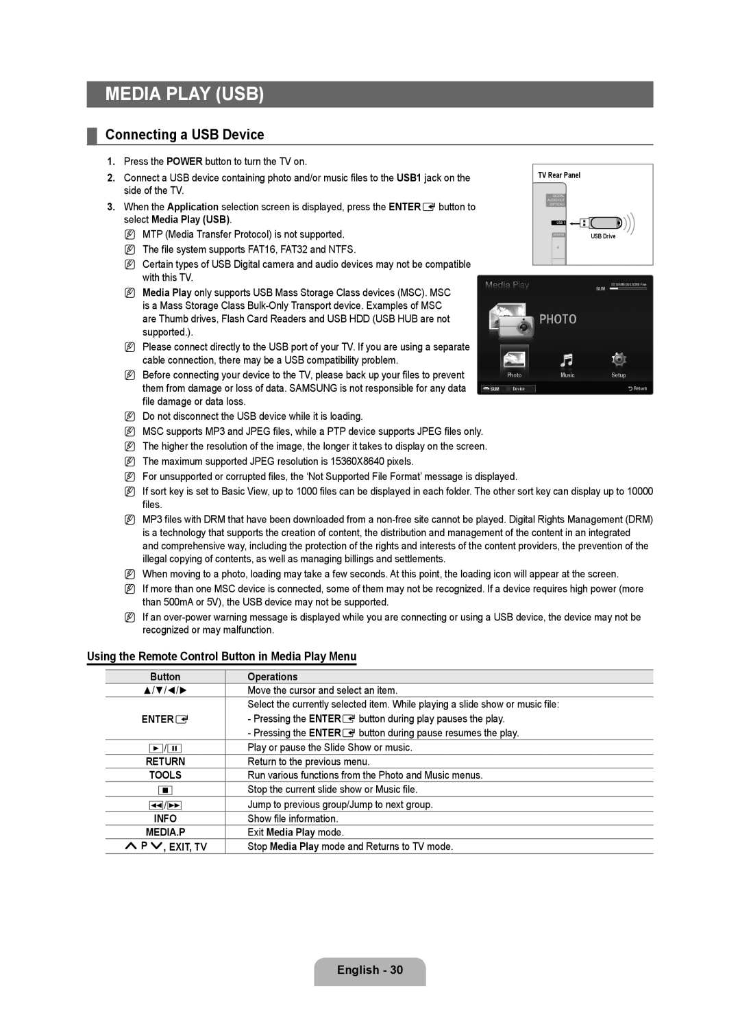 Samsung UE40B6000VWXXN, UE40B6000VWXZG manual Connecting a USB Device, Using the Remote Control Button in Media Play Menu 