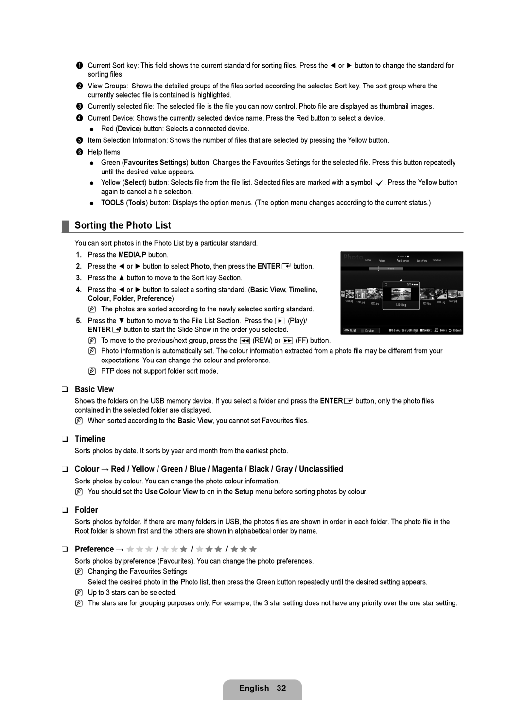 Samsung UE46B6000VWXZG manual Sorting the Photo List, Basic View, Timeline, Folder, Preference → FFF / FFF / FFF / FFF 