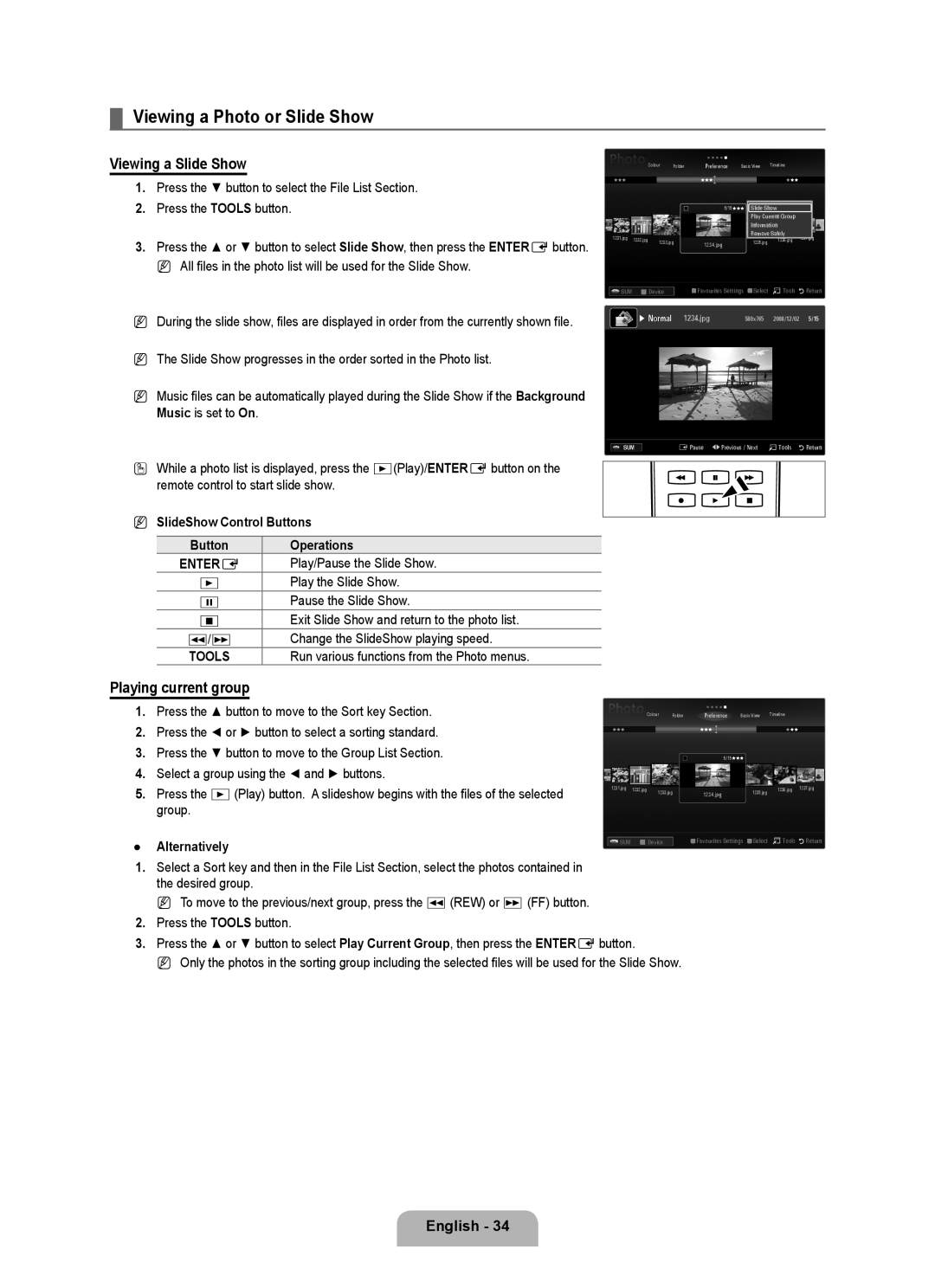 Samsung UE40B6000VWXXC, UE40B6000VWXXN manual Viewing a Photo or Slide Show, Viewing a Slide Show, Playing current group 