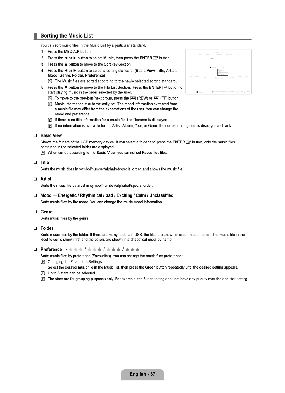 Samsung UE46B6000VWXXU, UE40B6000VWXXN manual Sorting the Music List, Title, Artist, Genre, Sorts music files by the genre 