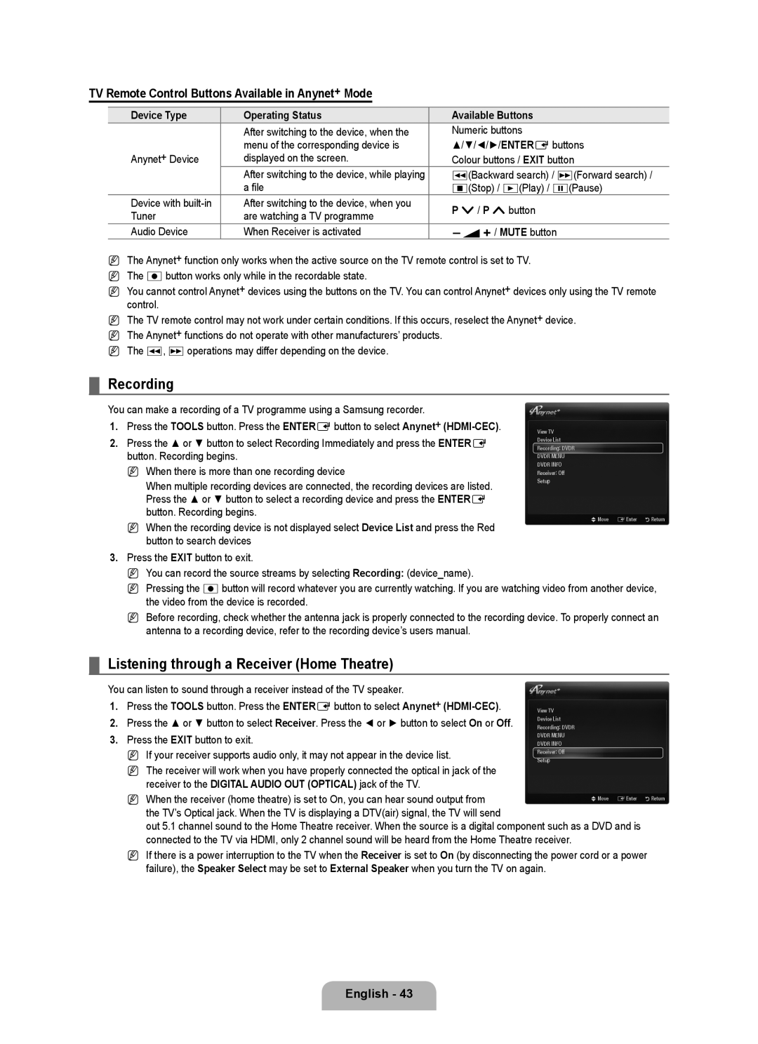 Samsung UE46B6000VWXXH, UE40B6000VWXXN, UE40B6000VWXZG, UE46B6000VWXZG Recording, Listening through a Receiver Home Theatre 