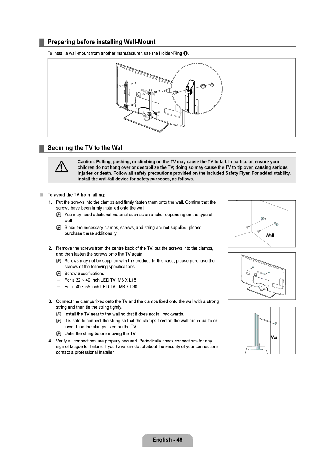 Samsung UE46B6000VWXZG Preparing before installing Wall-Mount, Securing the TV to the Wall, To avoid the TV from falling 