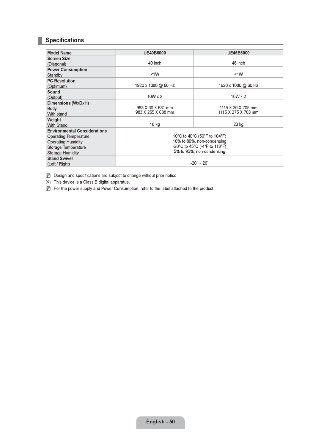 Samsung UE40B6000VWXXC, UE40B6000VWXXN, UE40B6000VWXZG, UE46B6000VWXZG, UE46B6000VWXXC, UE46B6000VWXXH manual Specifications 