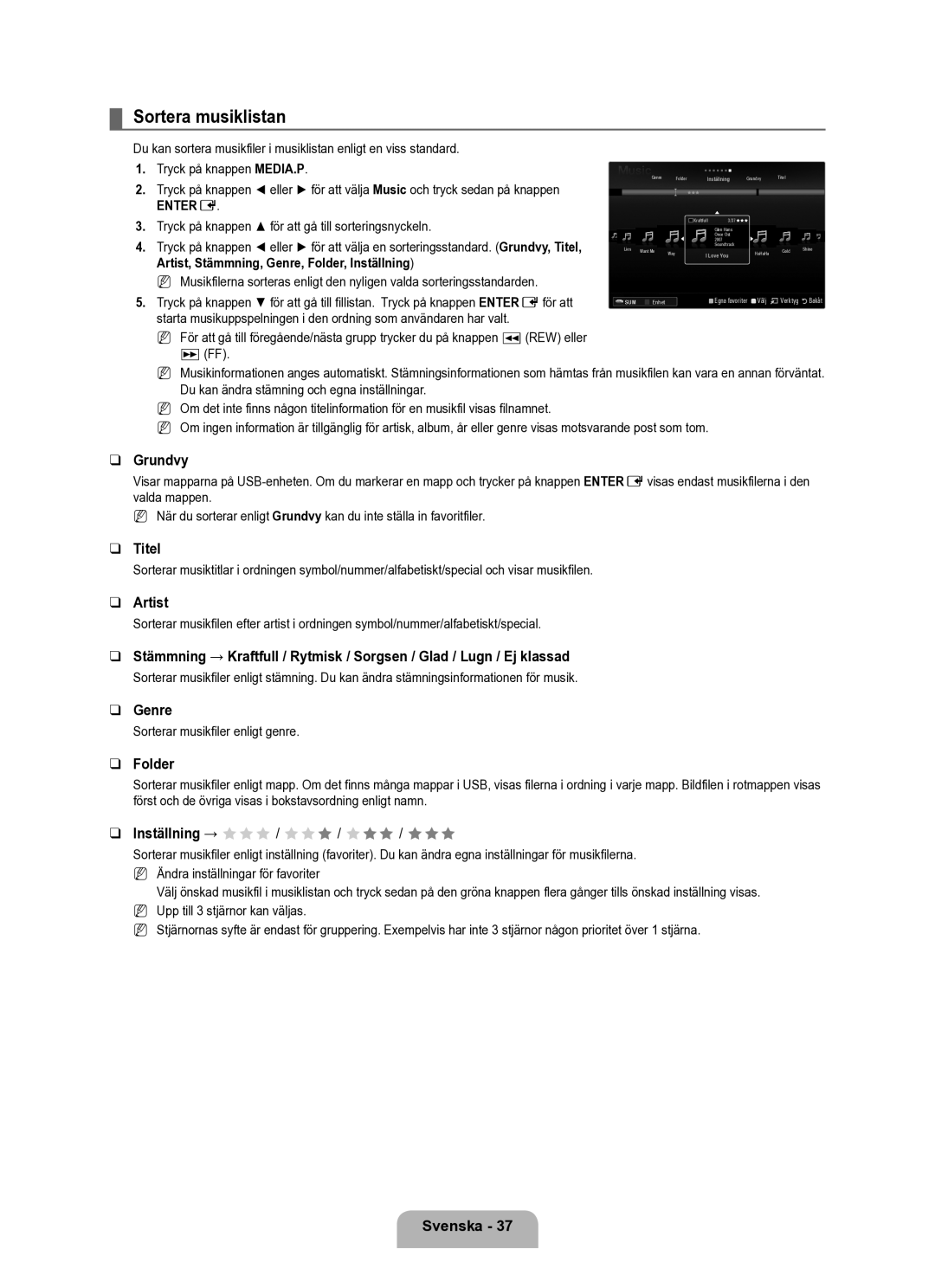 Samsung UE40B6050VWXXE manual Sortera musiklistan, Titel, Sorterar musikfiler enligt genre 