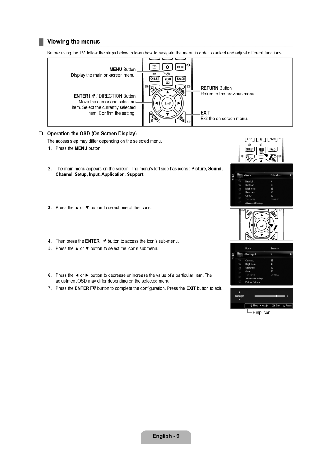 Samsung UE40B6050VWXXE manual Viewing the menus, Operation the OSD On Screen Display, Return Button 