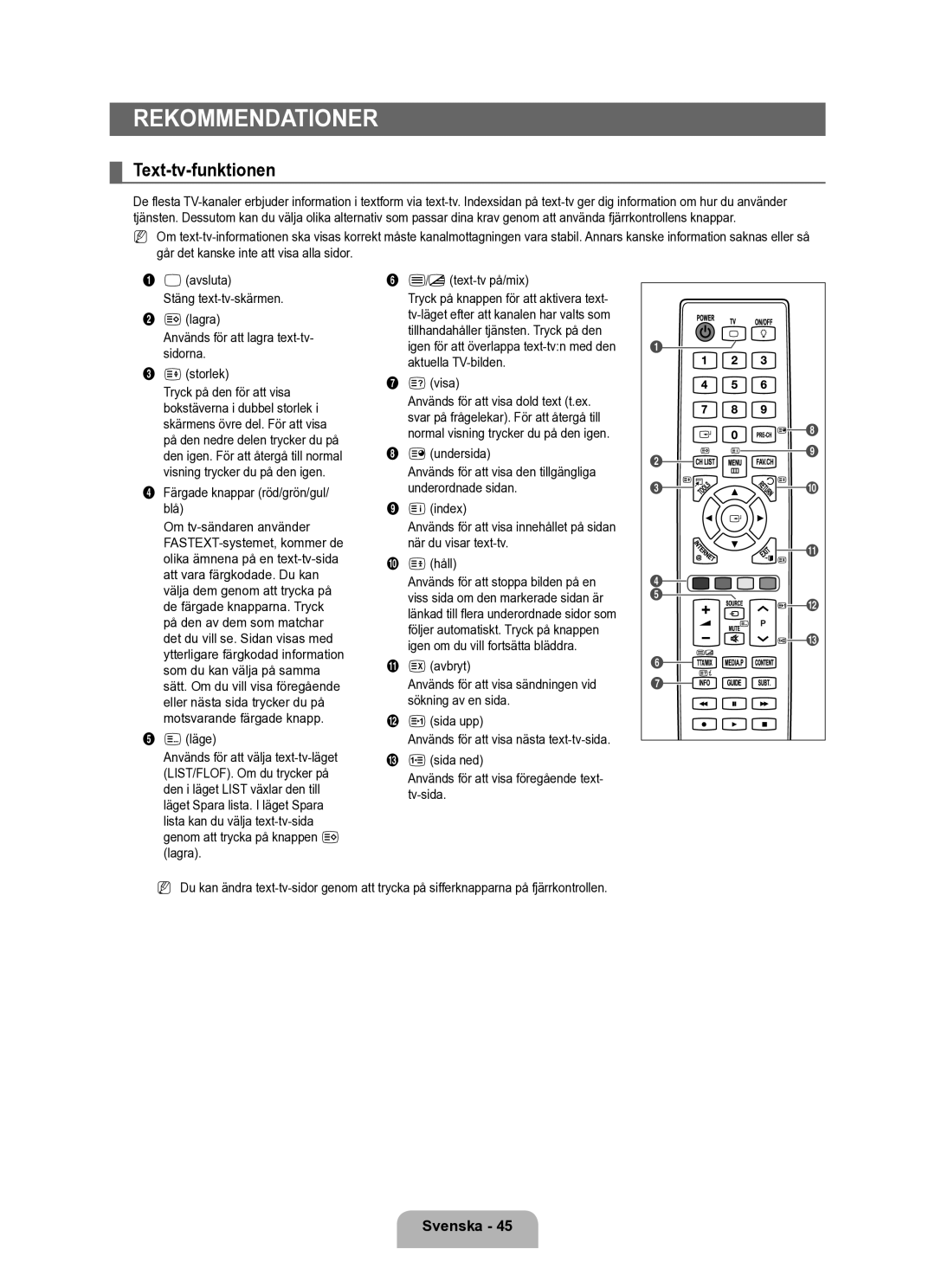 Samsung UE40B6050VWXXE manual Rekommendationer, Text-tv-funktionen 