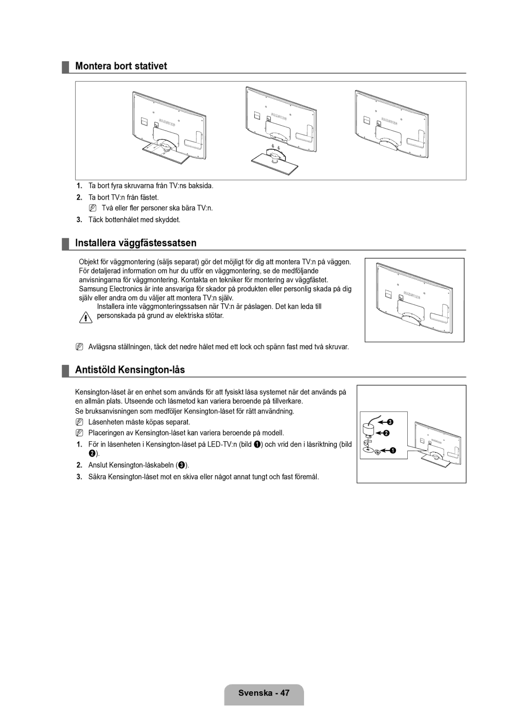 Samsung UE40B6050VWXXE manual Montera bort stativet, Installera väggfästessatsen, Antistöld Kensington-lås 