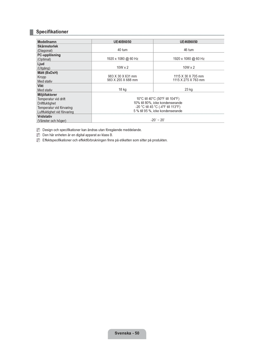 Samsung UE40B6050VWXXE manual Specifikationer 