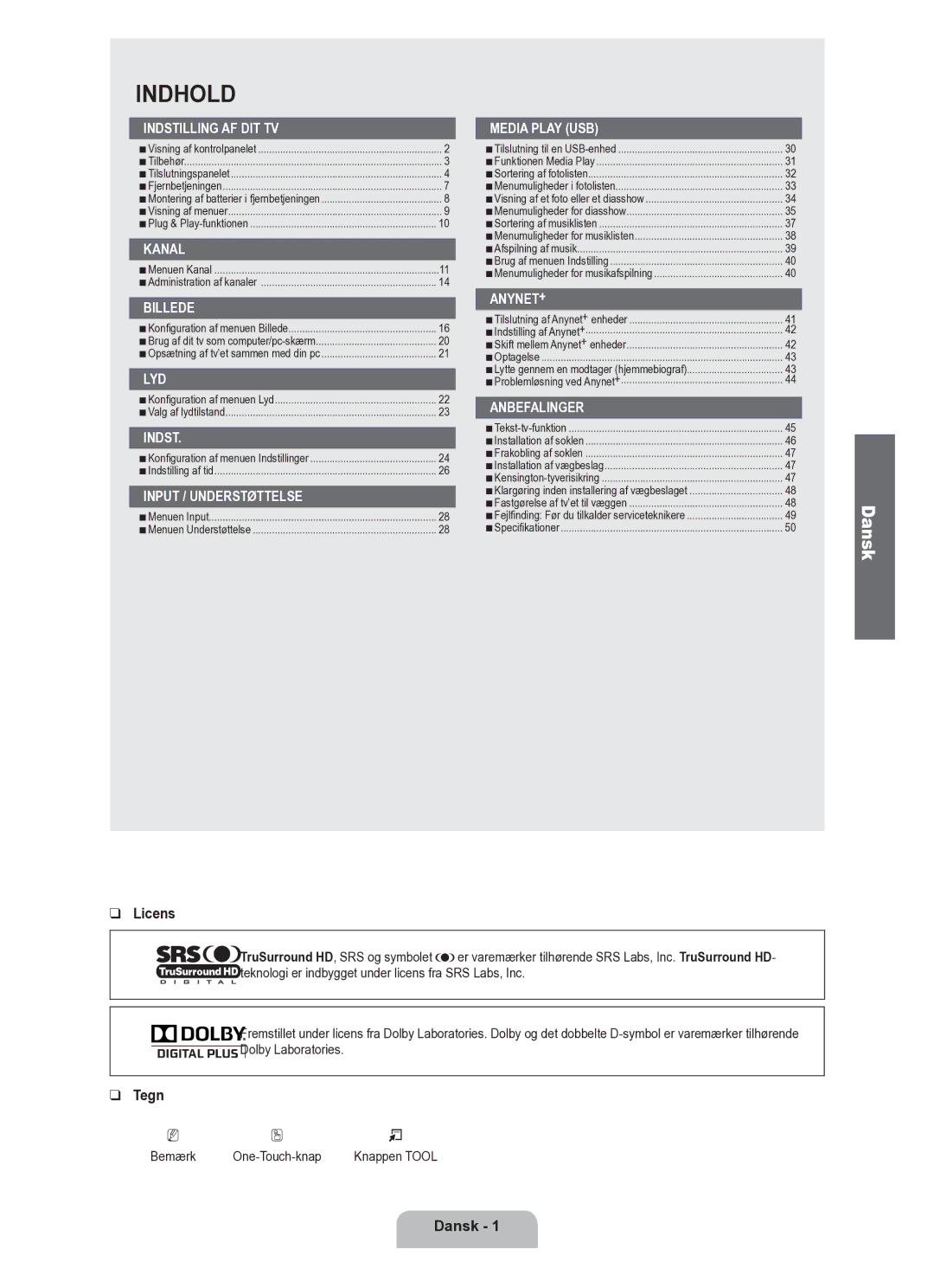 Samsung UE40B6050VWXXE manual Tegn, Dansk 