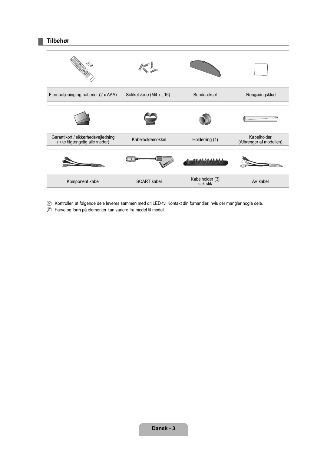 Samsung UE40B6050VWXXE manual Tilbehør, Sokkelskrue M4 x L16 Bunddæksel Rengøringsklud, Kabelholdersokkel Holderring 