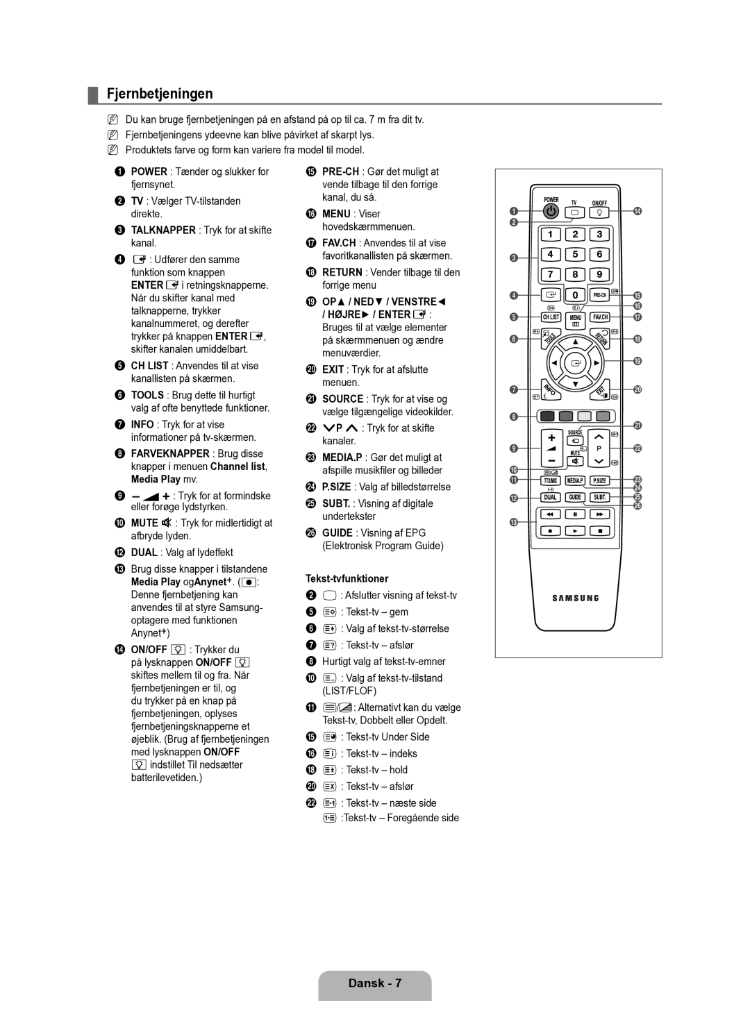 Samsung UE40B6050VWXXE manual Fjernbetjeningen, Dansk , Tekst-tvfunktioner 