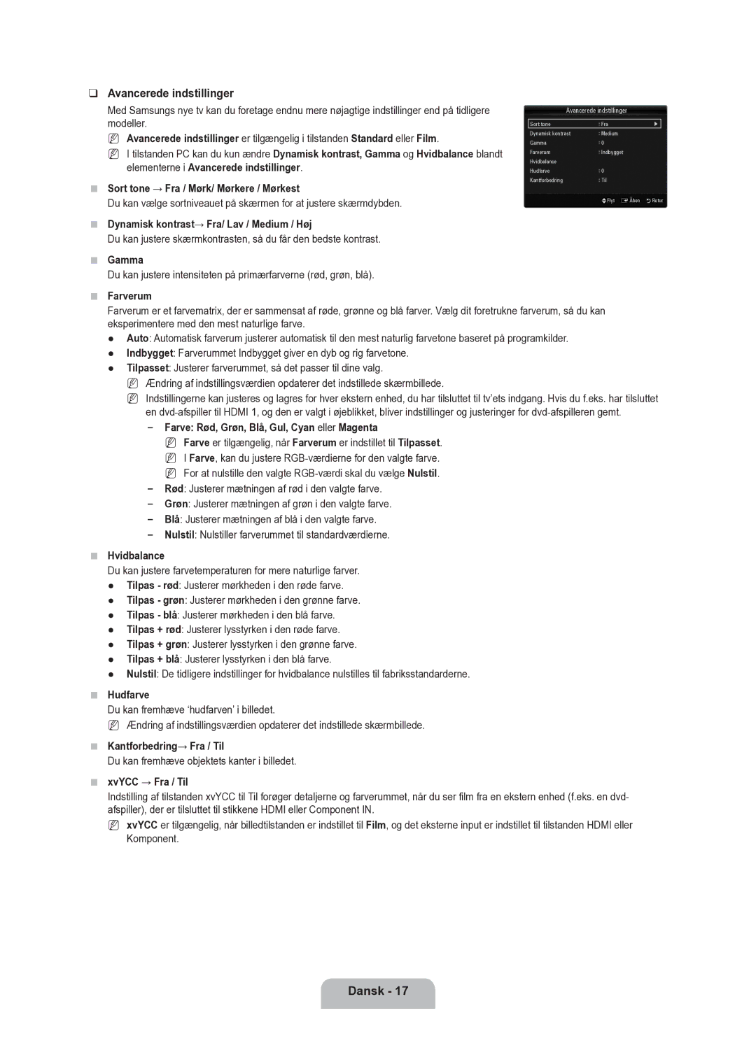 Samsung UE40B6050VWXXE manual Avancerede indstillinger 