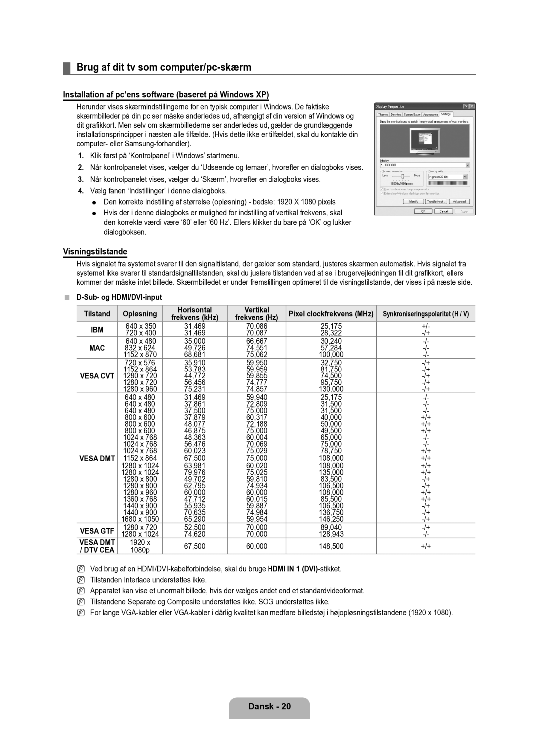 Samsung UE40B6050VWXXE manual Brug af dit tv som computer/pc-skærm, Installation af pc’ens software baseret på Windows XP 