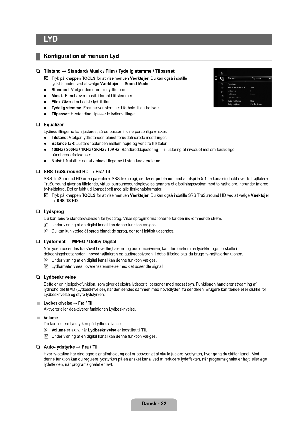 Samsung UE40B6050VWXXE manual Konfiguration af menuen Lyd 