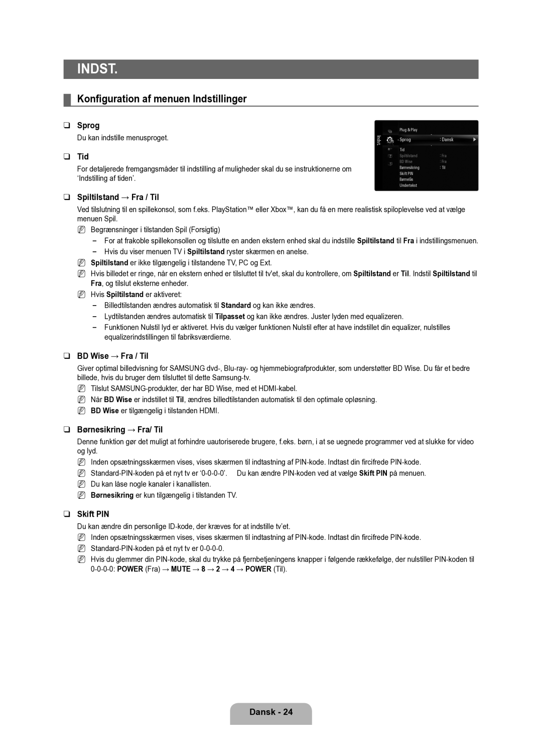 Samsung UE40B6050VWXXE manual Konfiguration af menuen Indstillinger 