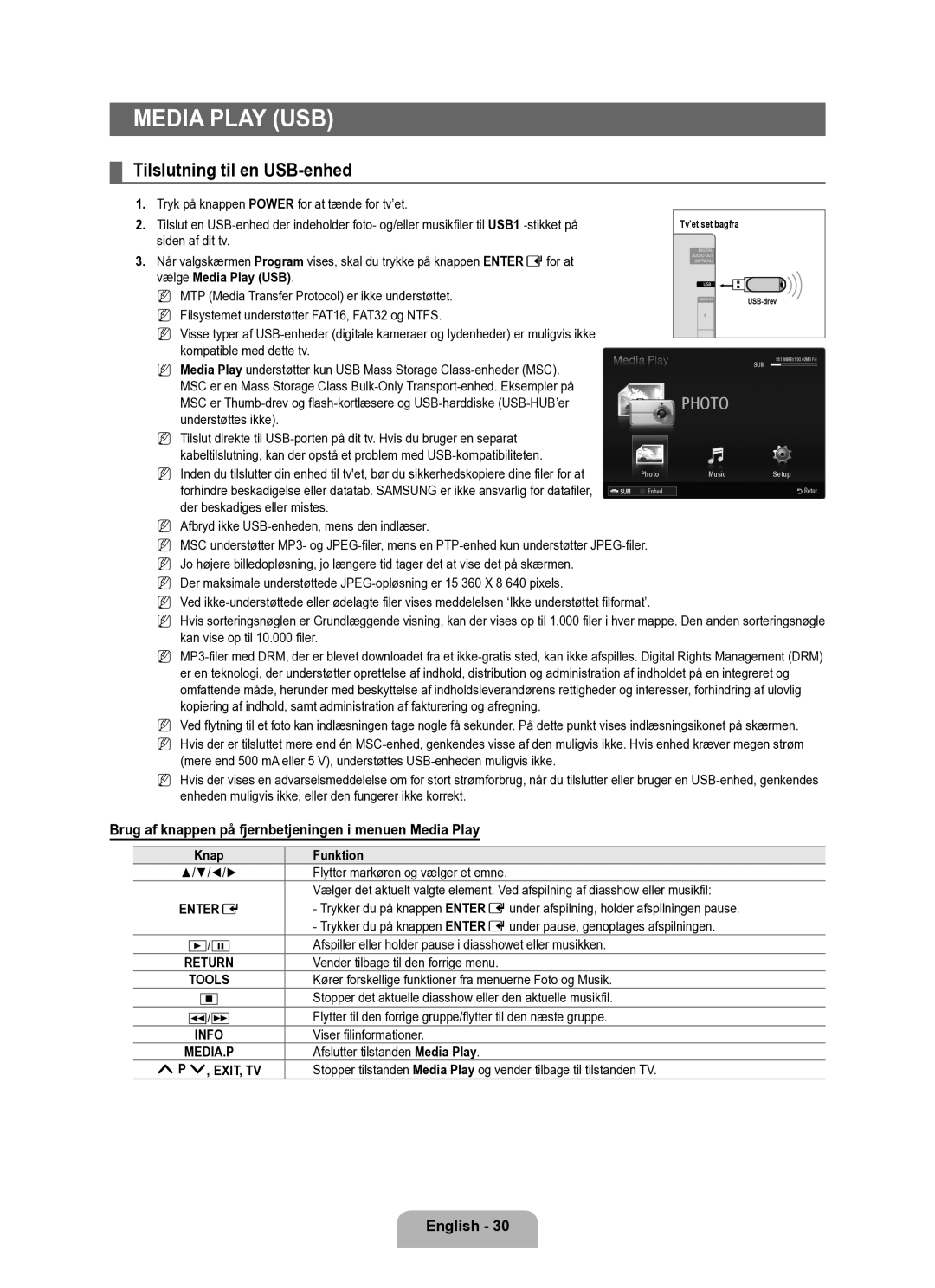 Samsung UE40B6050VWXXE manual Tilslutning til en USB-enhed, Brug af knappen på fjernbetjeningen i menuen Media Play 