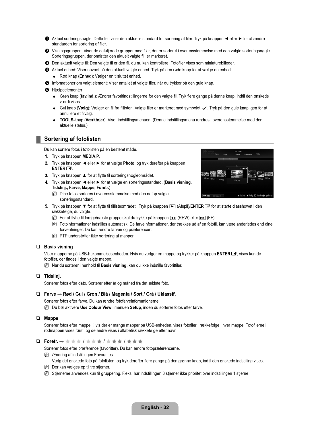 Samsung UE40B6050VWXXE manual Sortering af fotolisten, Basis visning, Tidslinj, Mappe, Foretr. → FFF / FFF / FFF / FFF 