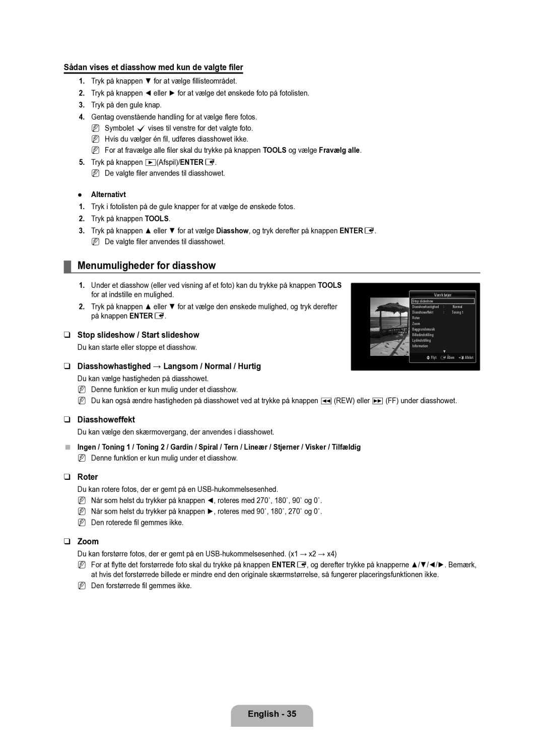 Samsung UE40B6050VWXXE manual Menumuligheder for diasshow 