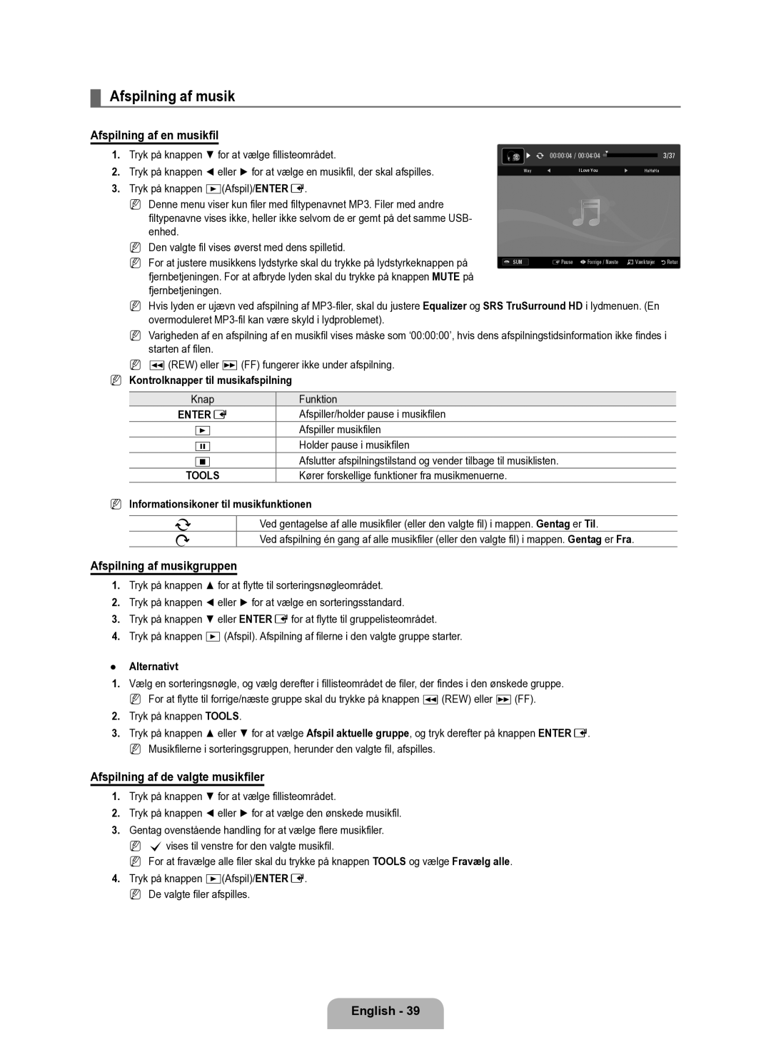 Samsung UE40B6050VWXXE manual Afspilning af en musikfil, Afspilning af musikgruppen, Afspilning af de valgte musikfiler 