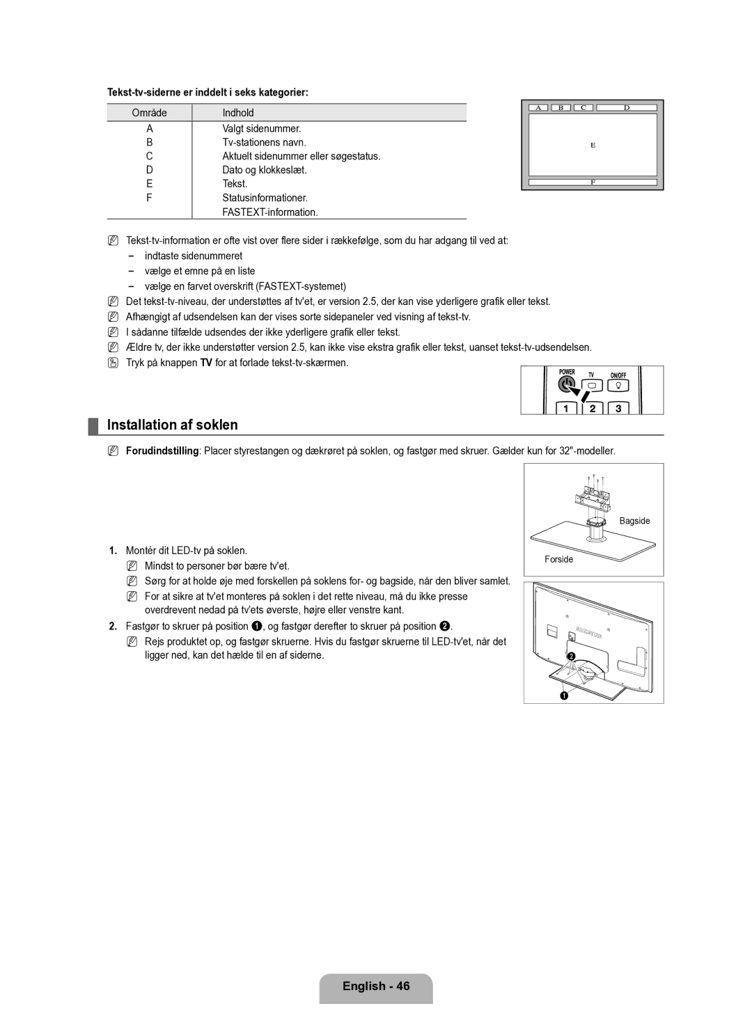 Samsung UE40B6050VWXXE manual Installation af soklen, Tekst-tv-siderne er inddelt i seks kategorier 