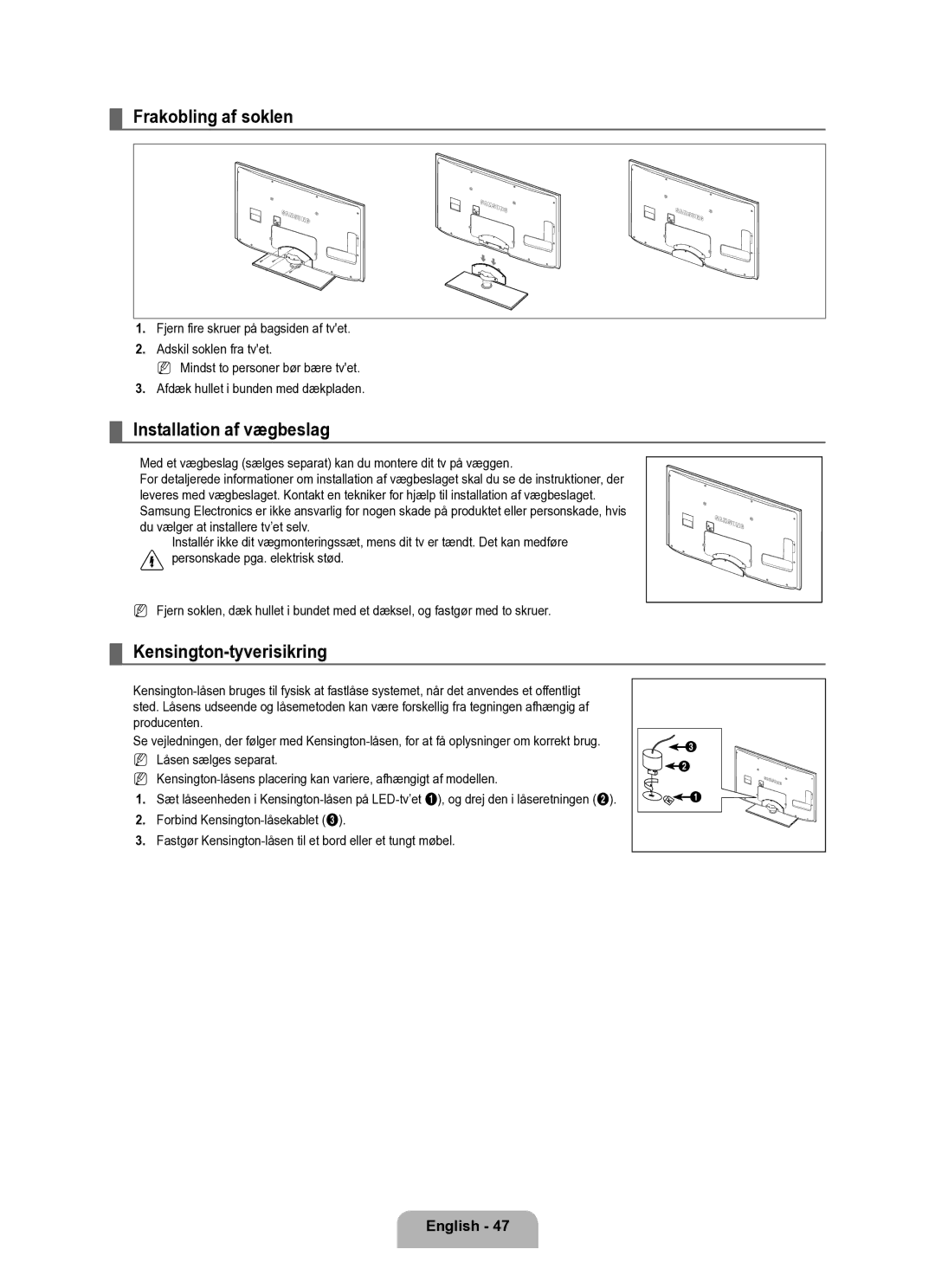 Samsung UE40B6050VWXXE manual Frakobling af soklen, Installation af vægbeslag, Kensington-tyverisikring 