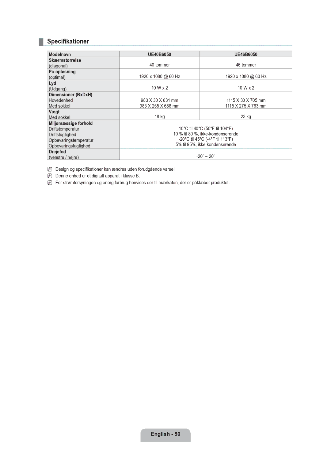 Samsung UE40B6050VWXXE Modelnavn UE40B6050 UE46B6050 Skærmstørrelse, Pc-opløsning, Lyd, Dimensioner BxDxH, Vægt, Drejefod 