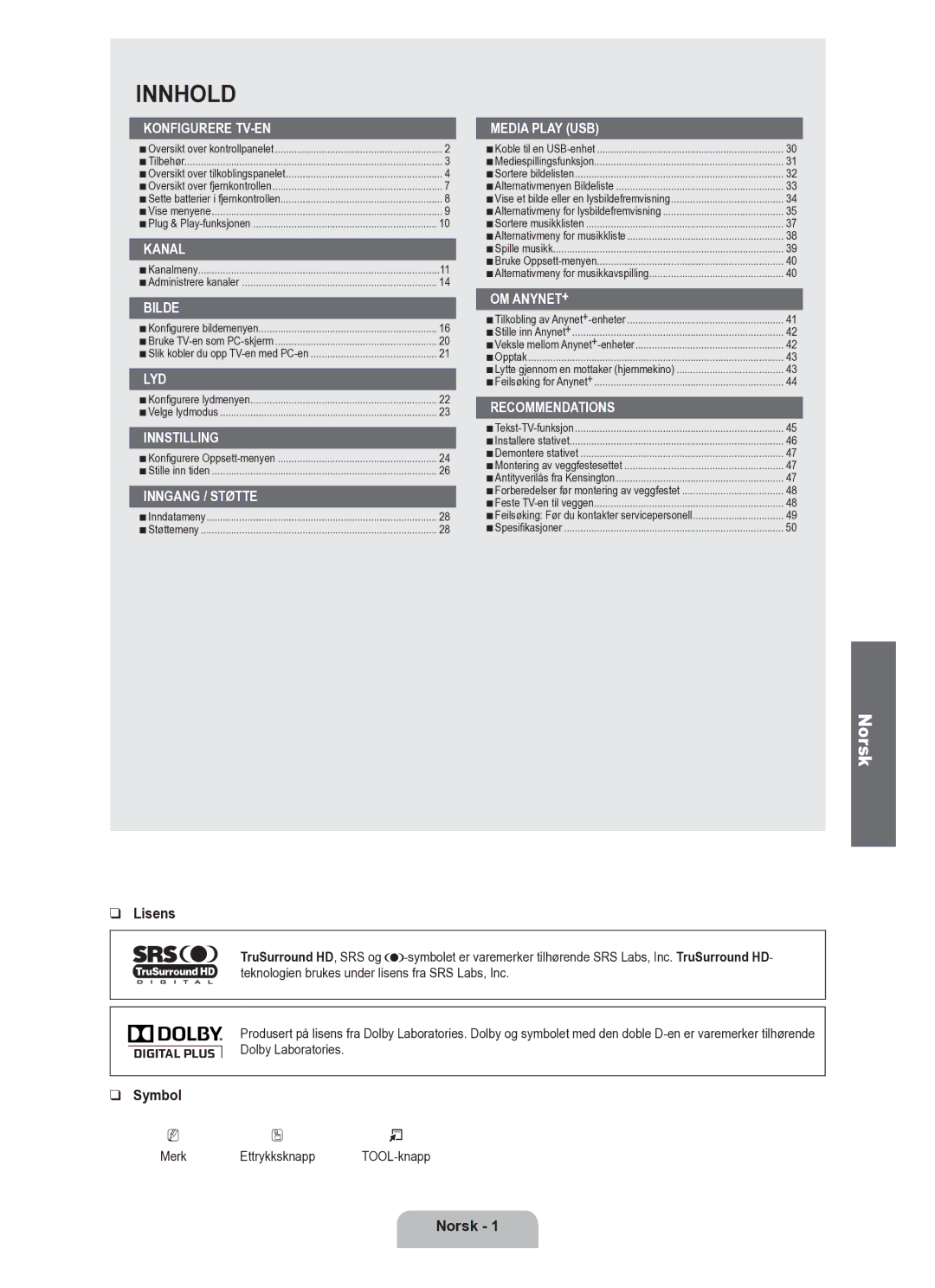 Samsung UE40B6050VWXXE manual Lisens, Norsk, Merk Ettrykksknapp TOOL-knapp 