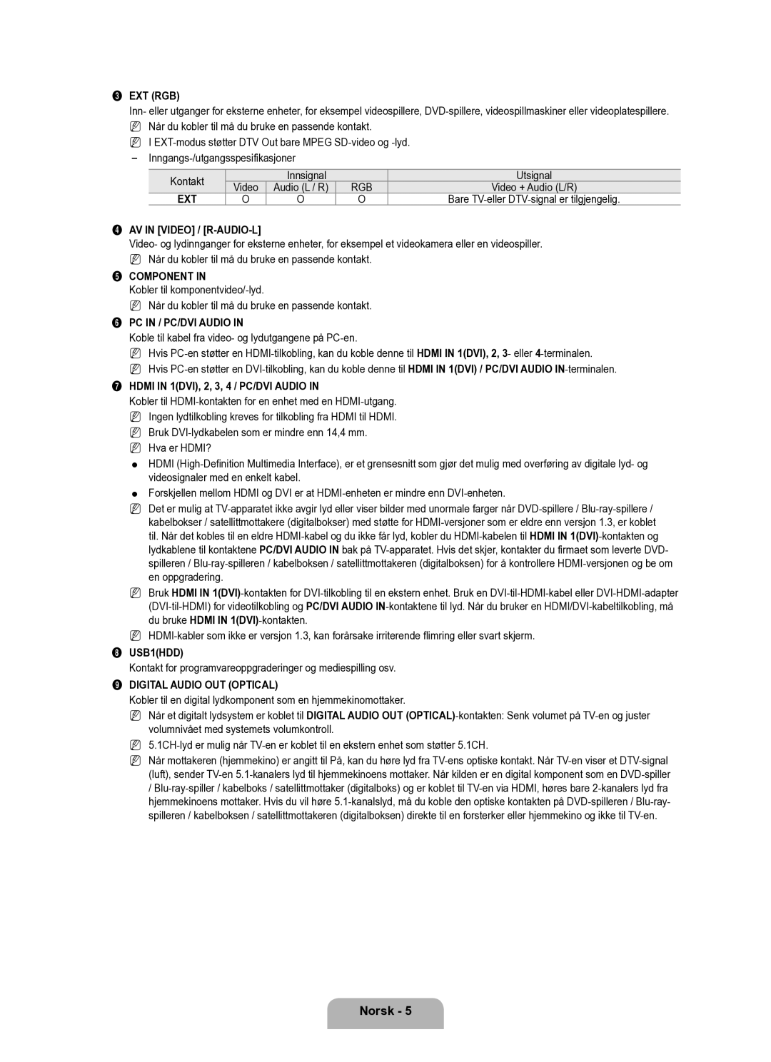 Samsung UE40B6050VWXXE manual Innsignal, Kontakt for programvareoppgraderinger og mediespilling osv 