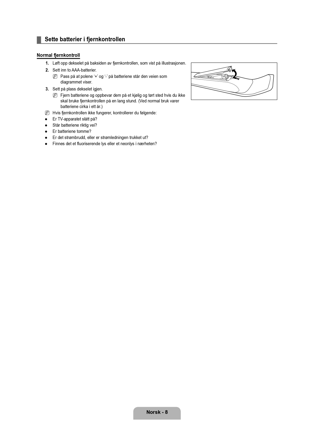 Samsung UE40B6050VWXXE manual Sette batterier i fjernkontrollen, Normal fjernkontroll 